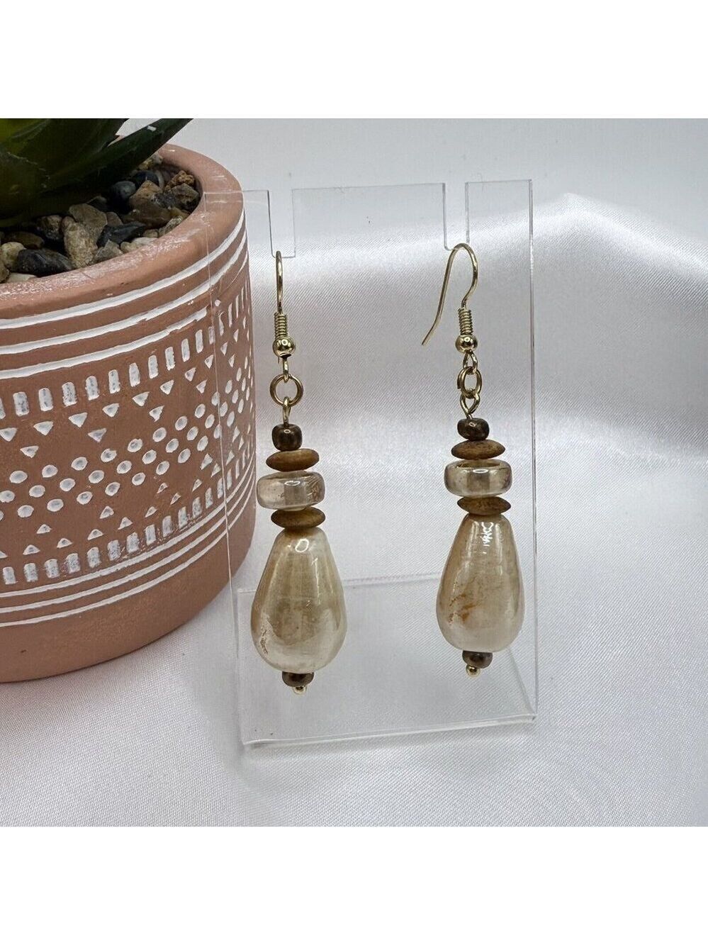 Tan Iridescent Ceramic Dangle Earrings